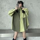 Two-tone Oversized Shirt Green - One Size