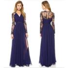 Lace Panel V-neck Long-sleeve Maxi Chiffon Dress