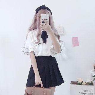 Bow Accent Short-sleeve Chiffon Blouse / High Waist Pleated Skirt