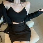 Set: Chain Strap Cropped Camisole Top + Mini Fitted Skirt + Cropped Cardigan