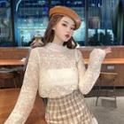 Long-sleeve Plain Lace Top Almond - One Size