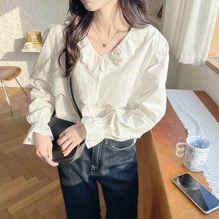 V-neck Ruffle Trim Long-sleeve Shirt