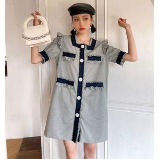 Elbow-sleeve Fray Hem Mini Shirtdress