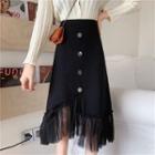 Mesh Panel Midi A-line Skirt Black - One Size