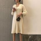 Long-sleeve Midi A-line Dress Almond - One Size