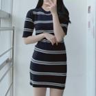 Elbow-sleeve Striped Knit Mini Sheath Dress