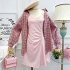 Set: Sleeveless A-line Dress+ Plaid Shirt