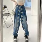 Star Print Mid Waist Baggy Jeans