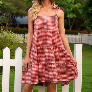 Strappy Tie-shoulder Plaid Mini A-line Dress