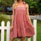 Strappy Tie-shoulder Plaid Mini A-line Dress