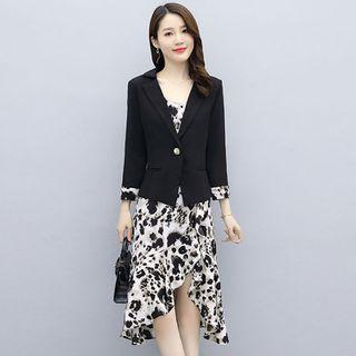 Set: One-button Blazer + Spaghetti Strap Floral Print Frill Trim A-line Dress