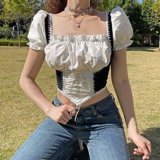 Mock Two-piece Square Neck Tie-waist Top