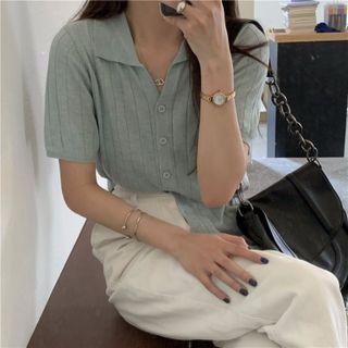 Short Sleeve Button-up Knit Top