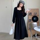 Long-sleeve Square-neck A-line Midi Dress Black - One Size