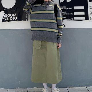 Placket Striped Knit Top As Shown In Figure - One Size