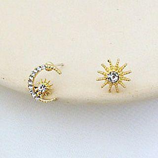 925 Sterling Silver Asymmetric Rhinestone Moon Stud Earring 1 Pair - S925 Sterling Silver Stud Earring - Gold - One Size