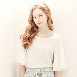 Elbow-sleeve Loose-fit Oversized Crewneck Plain T-shirt