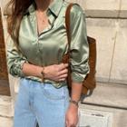 Wide-cuff Satin Shirt Light Beige - One Size