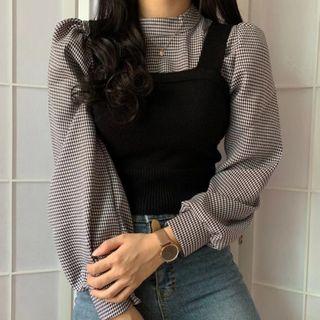 Set: Plaid Blouse + Knit Camisole