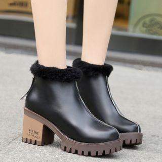 Fleece Trim Block Heel Short Boots