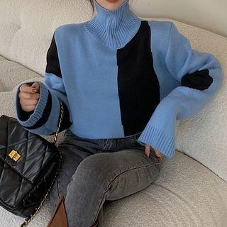 Two Tone Turtleneck Cropped Sweater Blue & Black - One Size