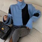 Two Tone Turtleneck Cropped Sweater Blue & Black - One Size
