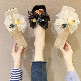 Square-toe Mesh Floral Chunky Heel Slide Sandals