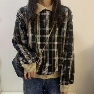 Collared Plaid Long-sleeve Sweatshirt