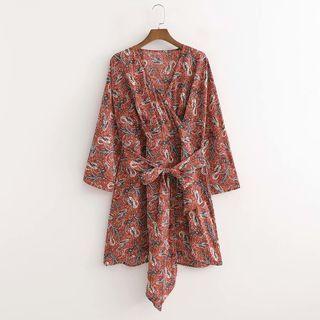 V-neck Print Tie-waist Mini A-line Dress