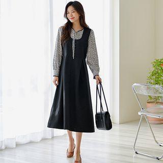 U-neck Button-detail Long Overall Dress Light Beige - One Size
