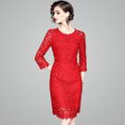 3/4-sleeve Lace Straight-fit Dress