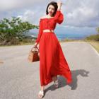 Set: Off-shoulder Long-sleeve Crop Top + Midi A-line Skirt Set - Red - One Size