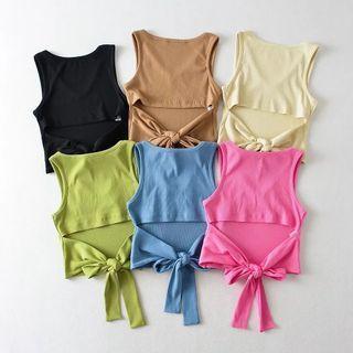 Sleeveless V-neck Bow Cut-out Ribbed Plain Crop Top