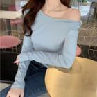 Cold-shoulder Long-sleeve T-shirt Blue - One Size