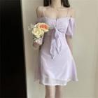 Short-sleeve Cold Shoulder Faux Pearl Strap Tie-front Mini A-line Dress