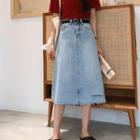 Denim Distressed Midi A-line Skirt
