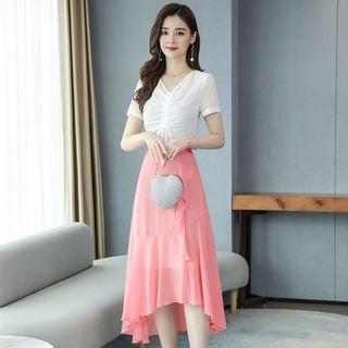 Short-sleeve Frill Trim Chiffon Midi Dress