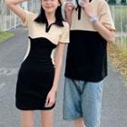 Couple Matching Set: Short-sleeve Two Tone Polo Shirt + Dress
