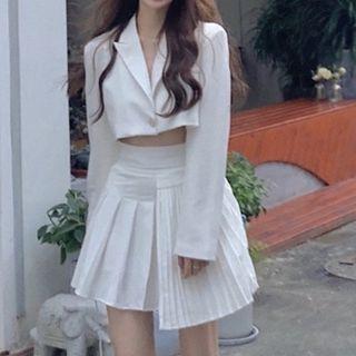 Cropped Blazer / High Waist Asymmetrical Pleated Mini A-line Skirt