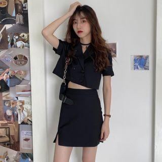 Double-breasted Short-sleeve Blazer / Mini Pencil Skirt