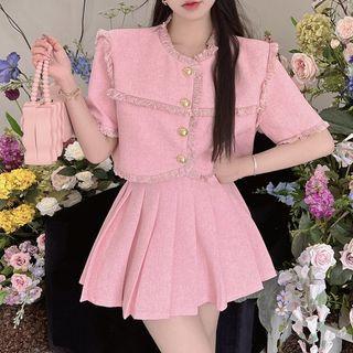 Short-sleeve Ruffle Trim Blazer / Pleated A-line Skirt