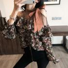 Tie-neck Mesh-panel Floral Chiffon Top