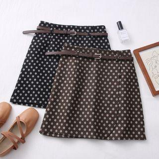 Wool High-waist Dotted Mini Skirt With Belt