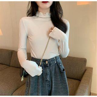 Mock Neck Frill Trim Long-sleeve Plain Top
