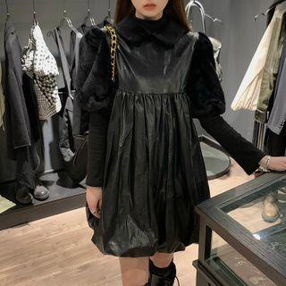 Fluffy Short-sleeve Panel Faux Leather Mini A-line Dress Black - One Size