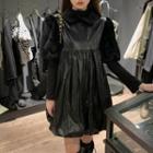 Fluffy Short-sleeve Panel Faux Leather Mini A-line Dress Black - One Size