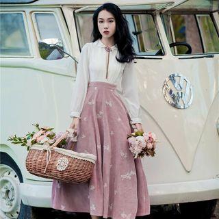 Mock Two-piece Long-sleeve Embroidered A-line Midi Dress