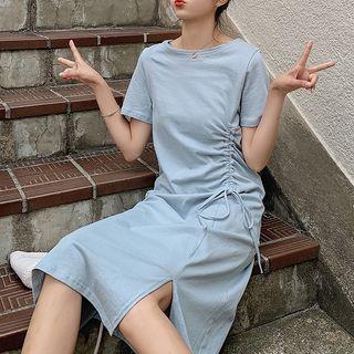 Short-less Drawstring A-line Dress Blue - One Size