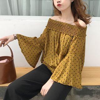 Dot Off-shoulder Bell-sleeve Chiffon Top