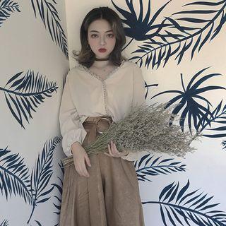 Long-sleeve V-neck Blouse / Midi A-line Skirt